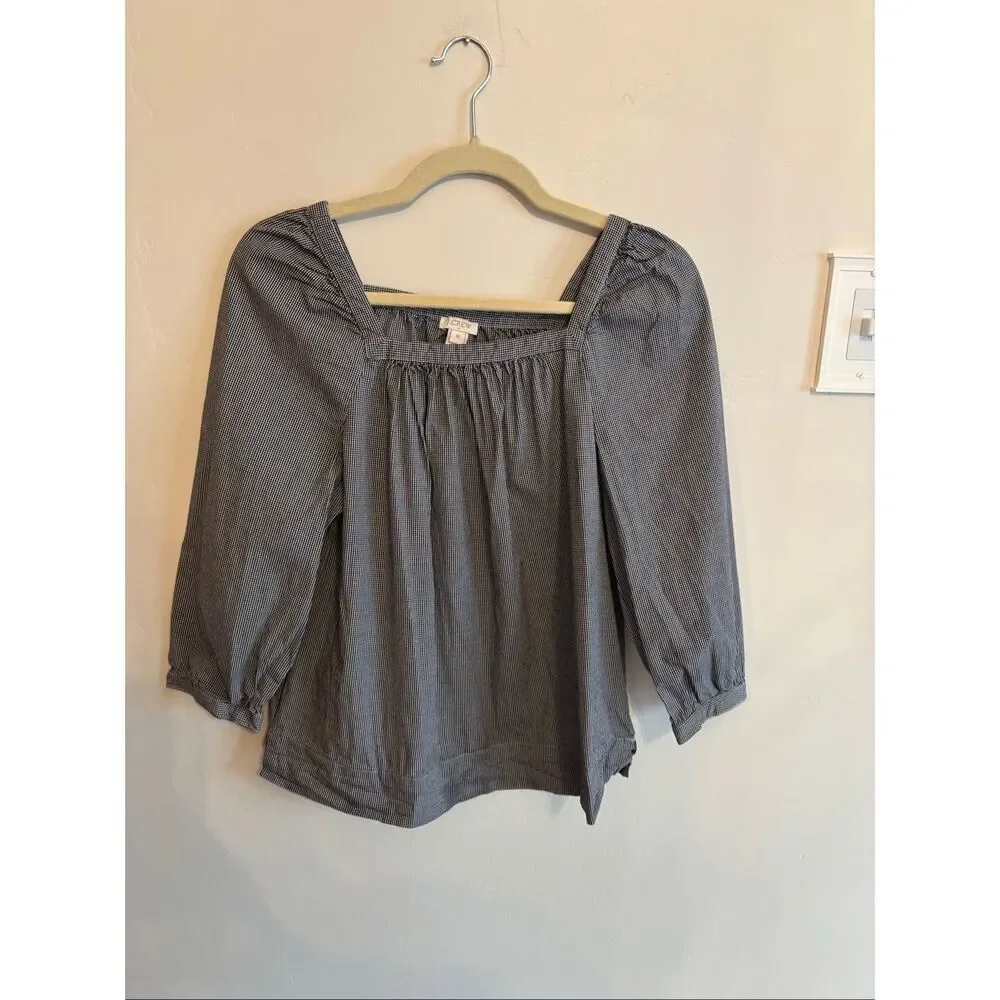 J.Crew Gingham Puff Sleeve Blouse XS Black White Square Neck Style G7060